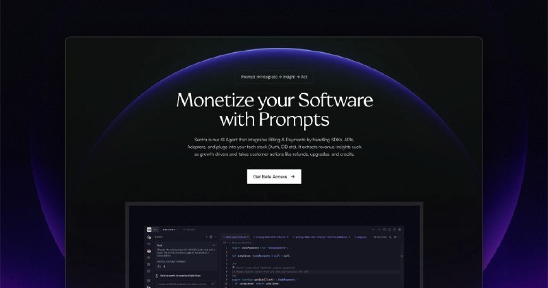 2. Sentra by Dodo Payments标语：通过提示信息让你的软件实现盈利这里“Monetize”常见意思是“将……货币化”，在日常语境里通俗来讲就是“让……实现盈利” ；“prompts”在软件相关场景中常指“提示信息” 
