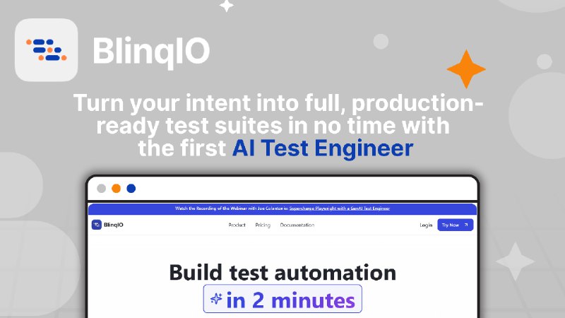 3. AI Test Engineer by BlinqIO标语：Playwright代码搭配具备自动修复功能的测试，且不会被特定供应商绑定