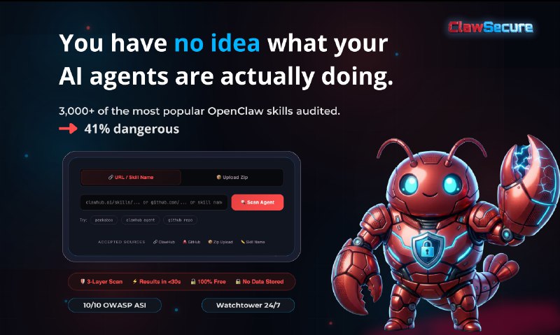 2. ClawSecure标语：面向OpenClaw人工智能代理的完整安全平台介绍：ClawSecure就像是面向OpenClaw人工智能代理的CrowdStrike（知名网络安全公司）