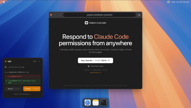 8. Redlight Greenlight for Claude Code标语：在 Mac 上的任何位置接受或拒绝 Claude 代码权限介绍：一款原生的 macOS 菜单栏应用程序，它会以浮动覆盖层的形式显示 Claude Code 的权限请求，让你无需切换到终端就能进行操作