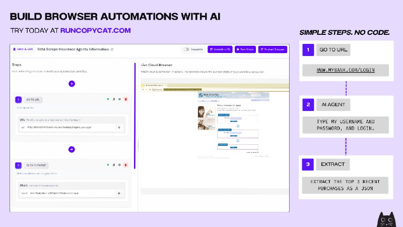 PH今日热榜 | 2025-07-291. CopyCat标语：借助人工智能构建浏览器自动化操作介绍：CopyCat是一个用于创建浏览器自动化操作的无代码平台