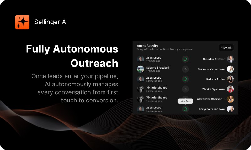 6. Sellinger AI标语：自动化人工智能领英拓展解释：“Autonomous”直译为“自主的、自动的”，在这种语境里理解为“自动化的”更合适；“AI”即“Artificial Intelligence”，是“人工智能”的常见缩写；“LinkedIn”是知名职场社交平台“领英”；“Outreach”有“拓展、推广”等意思，这里“Autonomous AI LinkedIn Outreach”整体表达的是利用自动化人工智能在领英平台上进行业务拓展之类的行为，所以翻译为“自动化人工智能领英拓展”