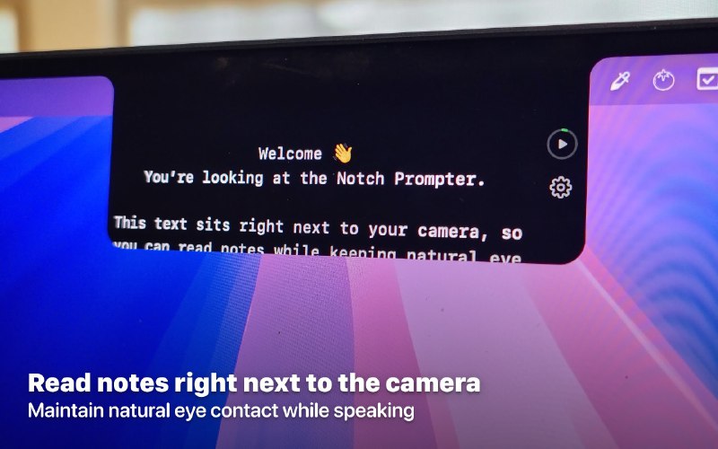4. Notchie标语：一款可安装在你苹果笔记本电脑刘海屏区域的提词器介绍：这是一款能放在苹果笔记本电脑凹槽处的提词器，就位于摄像头正下方