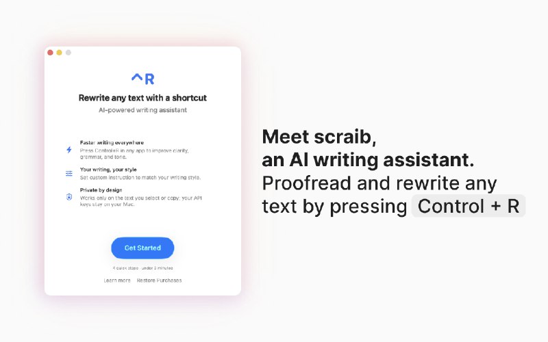 3. Scraib.app标语：在你Mac上的每个应用程序里都有AI写作伙伴介绍：按下⌃R键即可立即改写并优化任何文本