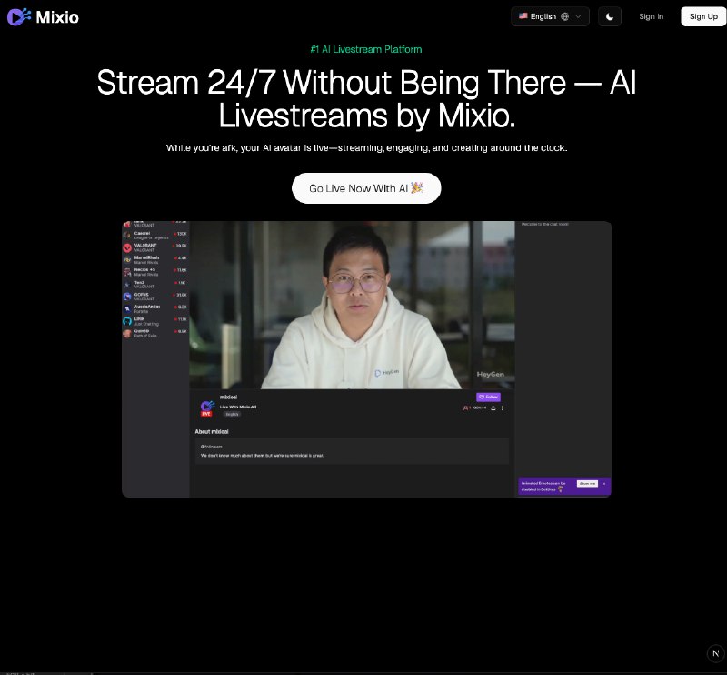 4. Mixio标语：人工智能直播平台介绍：Mixio.ai是一个人工智能直播平台，你可以借助它，利用实时AI主播来创建、安排和管理直播活动