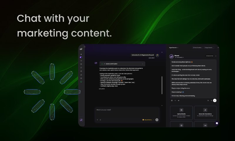 6. Wepost标语：打造个人品牌的人工智能介绍：连接各个渠道，上传相关背景信息，让微海报（Wepost）为你创作符合品牌风格的内容、安排发布时间，并在整个团队的个人账号上跟踪分析数据