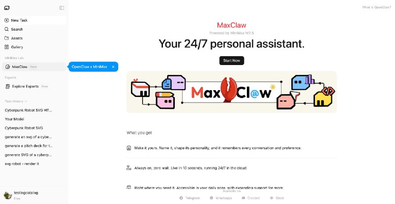10. MaxClaw by MiniMax标语：由MiniMax提供技术支持、基于OpenClaw的始终在线托管代理介绍：OpenClaw × MiniMax智能体 × M2.5，现已完全解锁