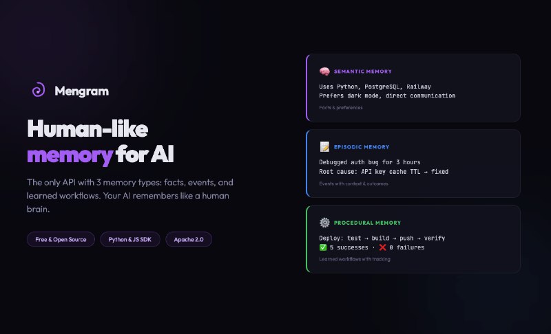 10. Mengram标语：具备三种类型的人工智能记忆应用程序编程接口，分别为事实、事件和工作流程相关的接口 