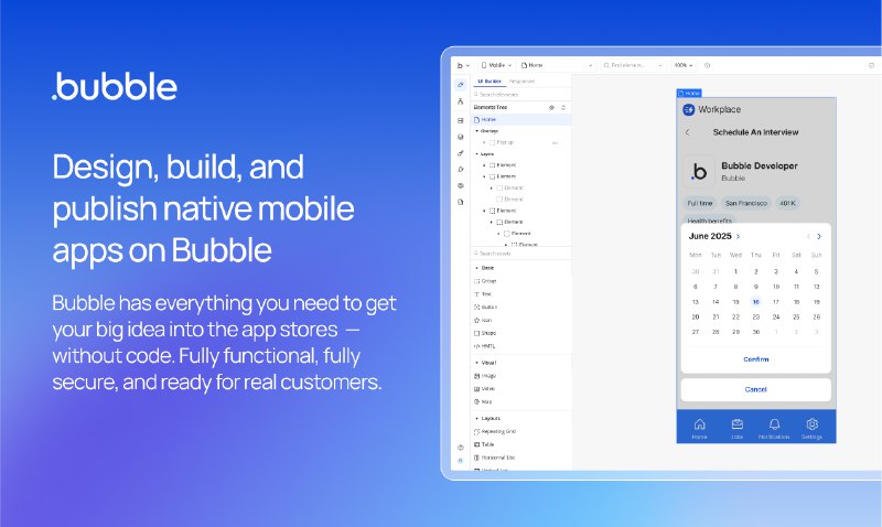2. Bubble for native mobile apps (beta)标语：无需代码就能为iOS和安卓系统开发原生移动应用程序