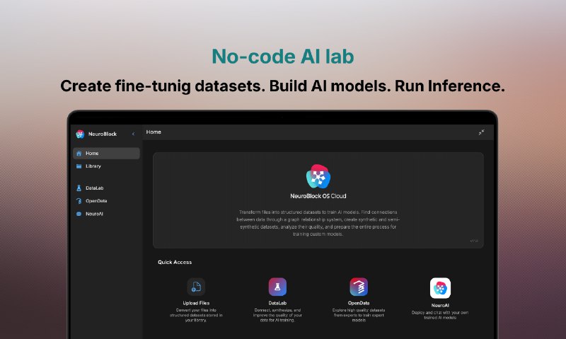 7. NeuroBlock标语：无代码人工智能实验室：训练模型、获取数据集、运行推理解释：“No-code”直译为“无代码”，在科技语境里就是无需编写代码就能操作；“Train models”即“训练模型”，是人工智能领域常见操作；“access datasets”可理解为获取、访问数据集；“run inference”是运行推理，这也是人工智能里用模型对新数据进行预测等操作的专业说法，整体翻译以简洁易懂且符合科技科普表达的方式呈现