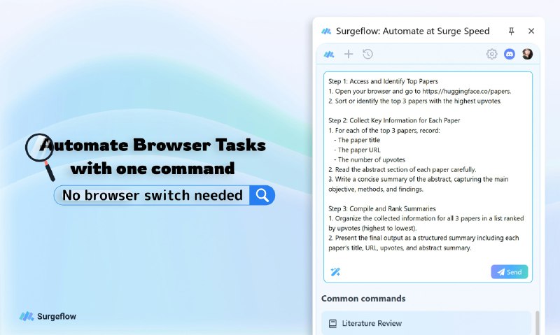 2. Surgeflow标语：只需一个指令，就能自动完成你的浏览器任务