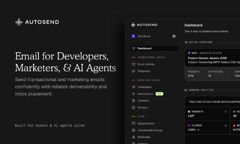 5. AutoSend标语：面向开发者、营销人员和人工智能代理的电子邮件服务解释：这里“Email for...”直译为“面向……的电子邮件”，“Developers”常见释义为“开发者” ，“Marketers”是“营销人员” ， “AI Agents”指“人工智能代理” ，整体表达出该电子邮件是针对这几类特定群体的服务，这样翻译符合科普杂志或日常对话的风格