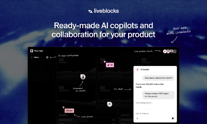 PH今日热榜 | 2025-06-191. Liveblocks 3.0标语：为你的产品提供现成的人工智能副驾和协作功能介绍：Liveblocks为你提供了诸如AI辅助工具、评论功能和多人协作编辑等现成的功能，能让你的产品更具吸引力，还能助力你的业务发展