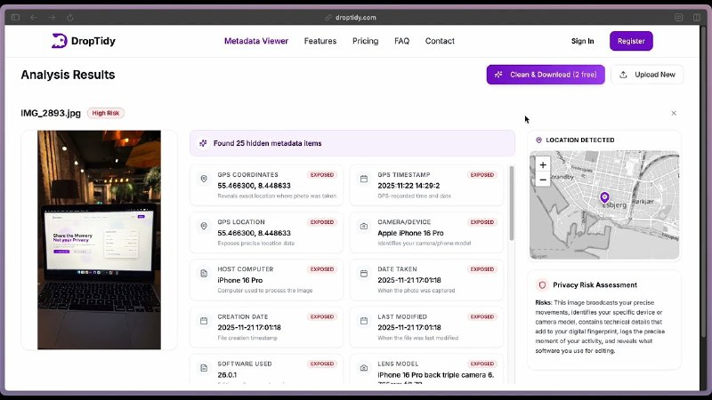 10. DropTidy标语：移除照片中的敏感数据，全程在客户端完成，绝不上传数据介绍：你知道你的照片会透露出关于你的哪些信息吗？🤔 你分享的每张照片都包含着隐藏的元数据，这些元数据会暴露你的精确位置、日常日程，还有能识别你设备的技术细节