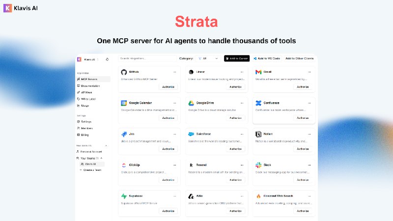 PH今日热榜 | 2025-09-231. Strata标语：一台多能力平台（MCP）服务器，可供人工智能智能体处理数千种工具介绍：斯特拉塔（Strata）是一款多用途计算平台（MCP）服务器，它能逐步引导你的人工智能智能体使用多个应用程序中的数千种工具