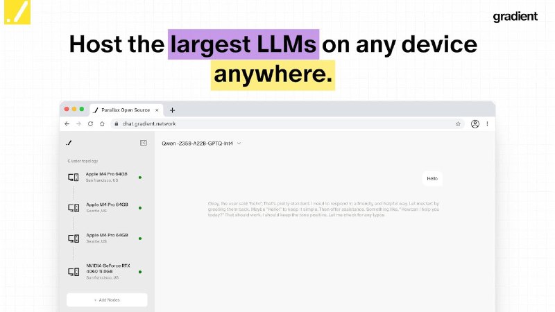 PH今日热榜 | 2025-10-301. Parallax by Gradient标语：在多台共享 GPU 的设备上托管大语言模型，让你的人工智能飞速运转介绍：你身边的人工智能已经升级到支持多人使用啦