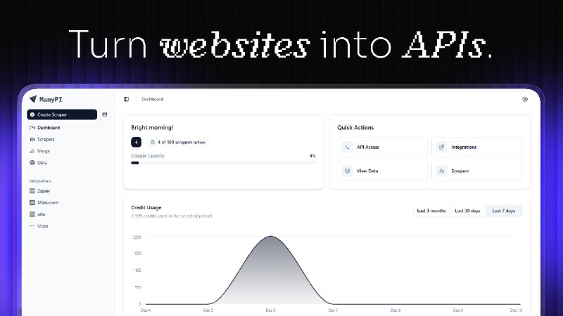 2. ManyPI标语：把网站变成应用程序编程接口解释：“turn...into...”是“把……变成……”的常用表达；“websites”即“网站”；“APIs”是“Application Programming Interface”（应用程序编程接口）的缩写
