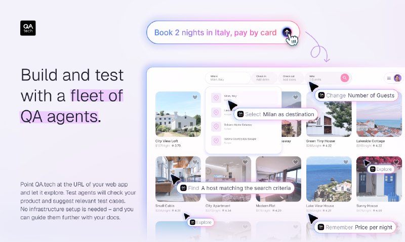 2. QA.tech 1.0标语：别再搞砸生产环境啦，用一组质量保证（QA）代理来进行构建和测试吧