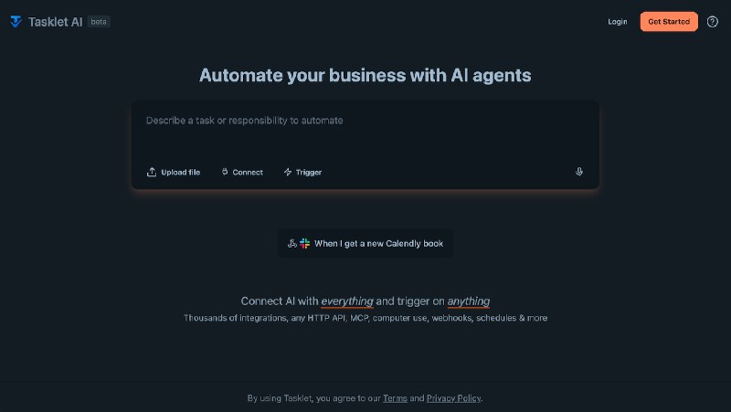 9. Tasklet标语：用人工智能代理实现业务自动化解析：“Automate”常见意思为“使自动化” ；“your business”就是“你的业务”；“AI agents”指“人工智能代理”，整体表达的就是利用人工智能代理来让业务实现自动化，这样的翻译符合科普杂志或日常对话的风格