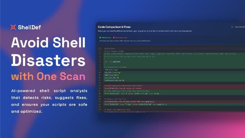 7. ShellDef标语：一款用于扫描、检测并提供防护功能的 Shell 脚本分析工具介绍：别再盲目复制粘贴有风险的 shell 命令啦！ShellDef 能在几秒钟内对脚本进行扫描和分析，它会把威胁、不良操作和漏洞都标记出来，然后给出一个经过清理和修正的版本，让你可以放心复制使用