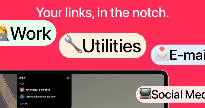 5. LinkNotch标语：把你的苹果电脑刘海屏区域变成一个快速访问书签栏