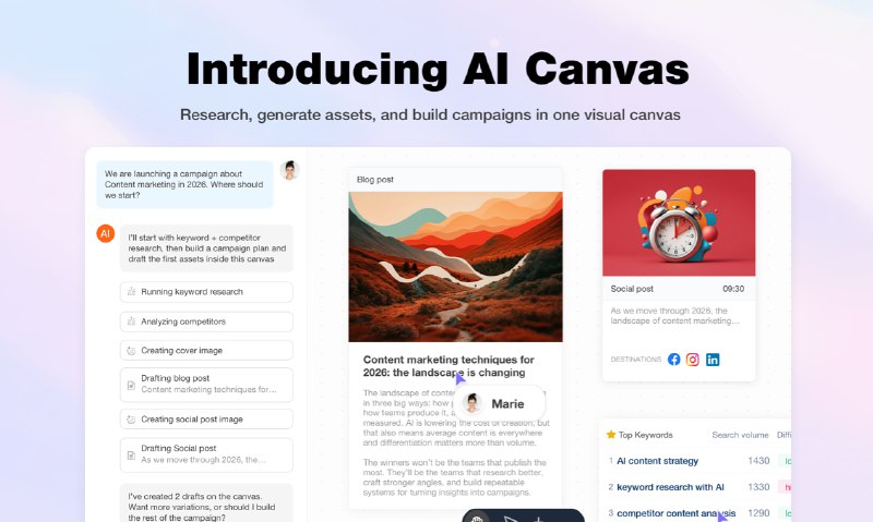 9. StoryChief AI Canvas标语：一个借助人工智能来策划并发布完整营销活动的平台解析：“canvas”原意为“画布”，这里结合语境理解为一个可供开展活动的平台；“create + publish”直译为“创建并发布”，意译为“策划并发布”更符合日常表达习惯；“full marketing campaigns”即“完整的营销活动”；“w/”是“with”的缩写，“w/ AI”就是“借助人工智能” 