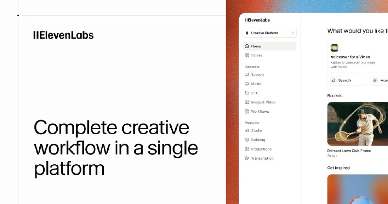 4. ElevenCreative by ElevenLabs标语：让你的内容鲜活起来的人工智能创意平台介绍：ElevenCreative是一个一体化平台，借助先进的语音、音乐、音效、图像和视频模型，能在几分钟内完成优质音频和视频的生成、编辑与本地化处理