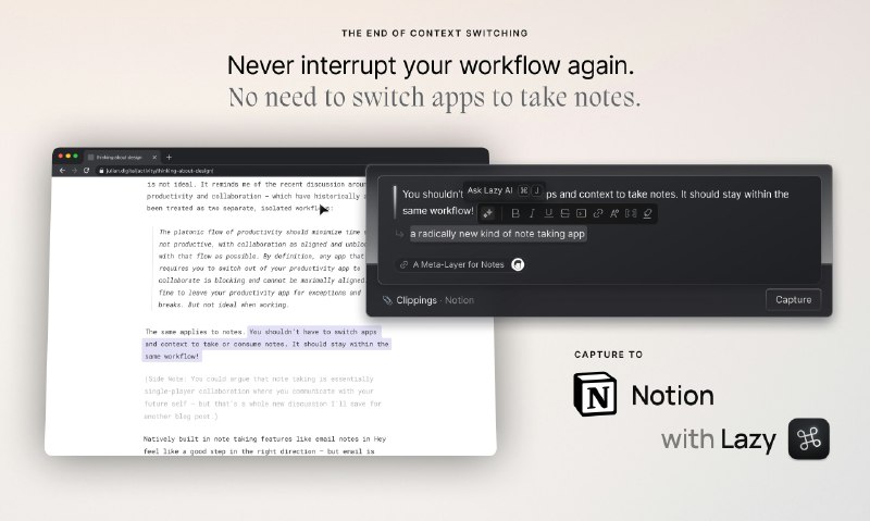6. Lazy for Notion标语：只需一个⌘快捷键，就能直接将任何内容捕捉到Notion里