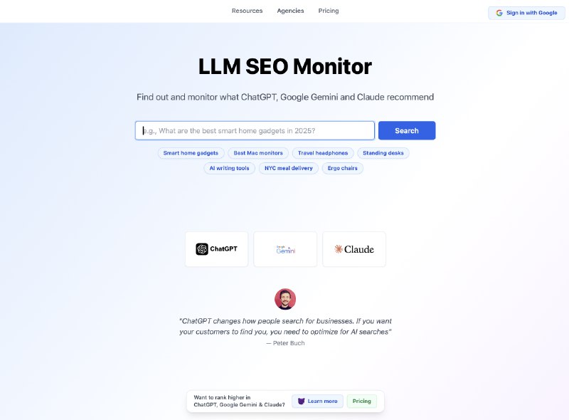2. LLM SEO Monitor标语：关注ChatGPT、谷歌Gemini和Claude给出的推荐内容