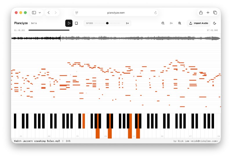 7. Pianolyze标语：在浏览器里就能用人工智能/机器学习技术学习弹奏任意一首钢琴曲！介绍：Pianolyze 利用完全在你浏览器中运行的人工智能技术，对钢琴录音进行转录