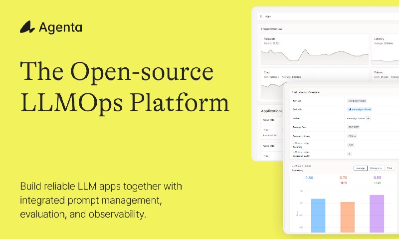 2. Agenta标语：面向人工智能团队的开源提示词管理与评估工具这里“prompt”在人工智能领域常指“提示词” ，“evals”是“evaluations”的缩写，结合语境可理解为对相关操作或数据等的“评估”，整体表达了为AI团队提供的一种开源的、用于管理提示词和进行评估的工具或功能