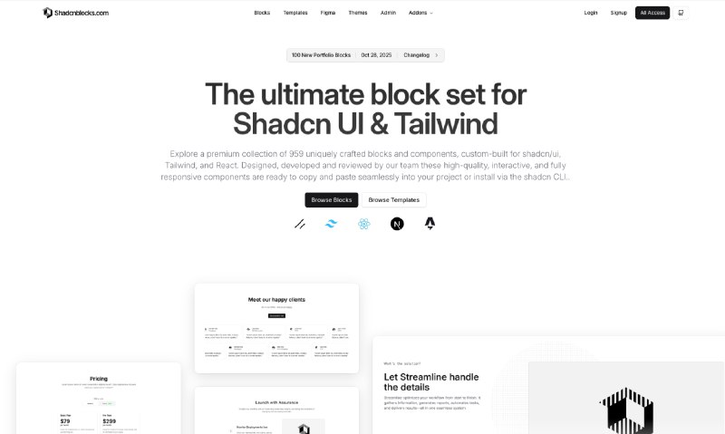 2. Shadcnblocks标语：适用于 shadcn/ui、Tailwind 和 React 的终极组件库注：“block set”在 IT 语境中常理解为“组件集”“组件库” ，这里结合上下文这样翻译更符合日常表达习惯