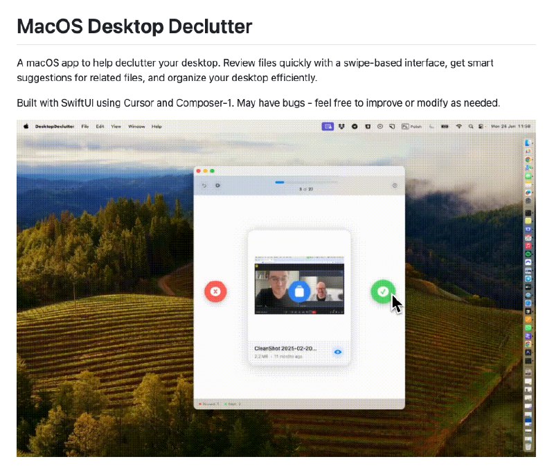 9. MacOS Desktop Declutter标语：适用于 macOS 桌面文件的开源“探探”（一款交友应用，这里表示有匹配功能）