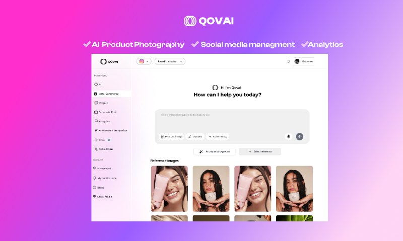 7. Qovai标语：适用于社交媒体上电商店铺的人工智能产品摄影解释：“AI product photography”直译为“人工智能产品摄影”；“for ecommerce store”表示“用于电商店铺”；“on social media”指“在社交媒体上”，整体组合起来就是适合在社交媒体上为电商店铺所用的人工智能产品摄影