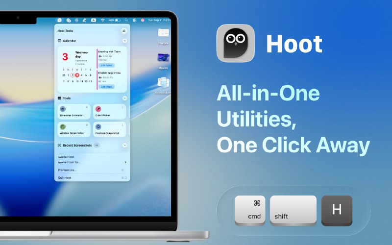 7. Hoot for Mac标语：小部件、工具、截图功能，还有唤醒屏幕的操作，全都集成在你的菜单栏里