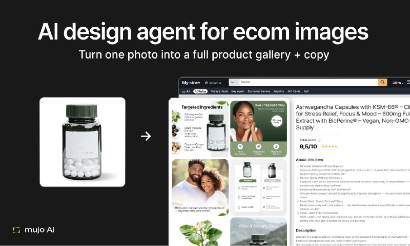 6. Mujo AI 标语：从一张照片开始，打造一整套产品视觉素材和文案内容介绍：只需几分钟，就能生成电商产品图片和文案