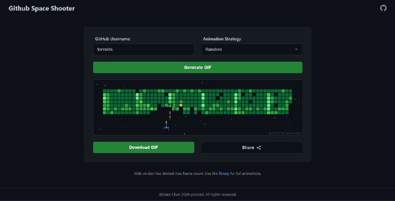 9. GitHub Space Shooter标语：将 GitHub 贡献图以太空射击游戏的形式呈现出来介绍：这个项目并不能解决任何实际问题，它只是能把你的 GitHub 贡献图表变成一个太空射击游戏的战场🚀