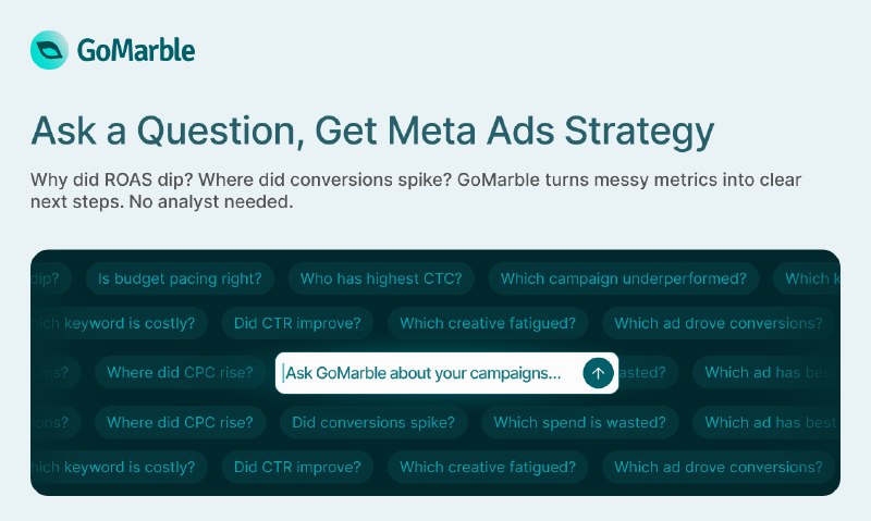 4. GoMarble AI for Meta Ads标语：用于Meta广告的人工智能代理注：Meta是一家科技公司，旗下有Facebook等知名社交平台，“Meta Ads”一般指Meta公司提供的广告服务