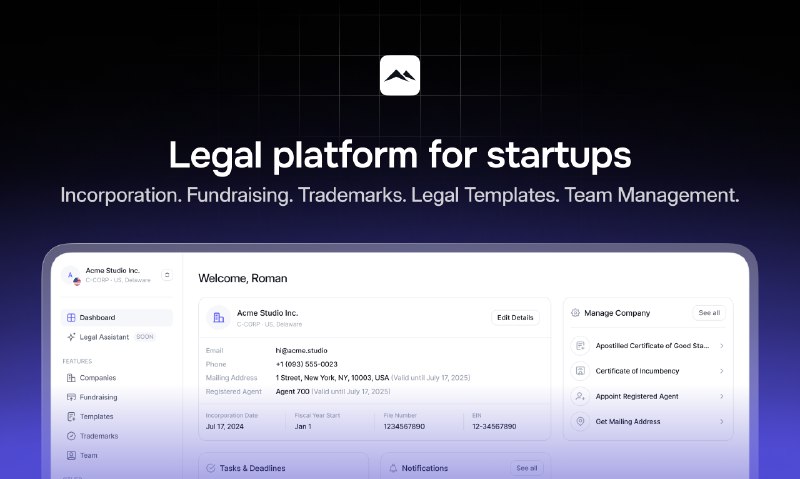 2. Skala标语：面向初创企业的法律平台介绍：借助Skala，初创企业和独立创业者可以在全球范围内（美国、阿联酋、巴拿马、英属维尔京群岛）完成公司注册，进行融资，注册商标并管理商标事务，生成法律文件并进行电子签署