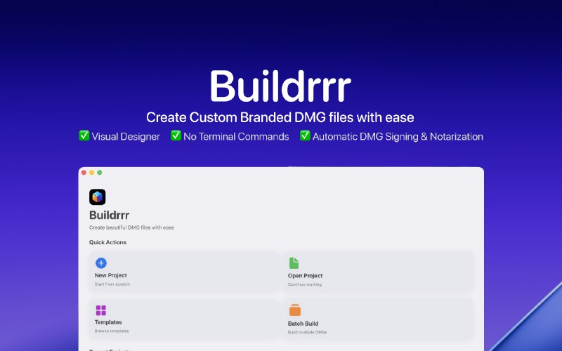 2. Buildrrr标语：创建自定义品牌 DMG 文件的最简单方法介绍：Buildrrr 是一款适用于 macOS 系统的应用程序，可用来创建专业的 DMG 安装包