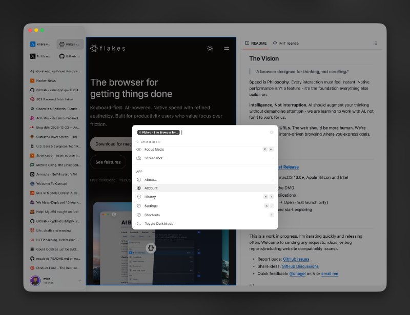 7. Flakes标语：一款专为苹果 macOS 系统打造的原生浏览器，它以键盘操作为核心，还搭载了人工智能技术