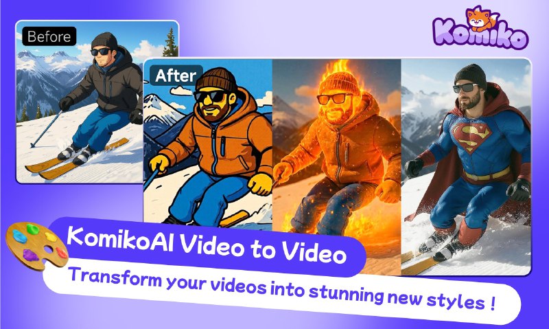 2. KomikoAI Video to Video标语：用动漫风、机械人风、火焰特效等让你的视频脱颖而出！介绍：小光AI视频换风格工具能把你的视频变成超惊艳的新样式，不管是动漫风、复古游戏风，还是火焰特效风、火影忍者角色扮演风等等，应有尽有！你可以从80多种创意模板里挑选，也能用提示词自定义属于自己的风格