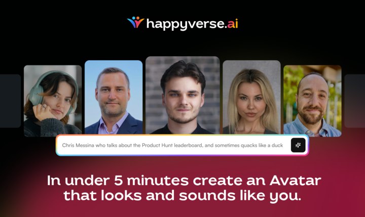 4. Happyverse标语：给自己创建一个交互式的人工智能视频虚拟形象吧！介绍：只需不到5分钟，就能创建一个从外貌、声音到思维都和你如出一辙的人工智能虚拟形象