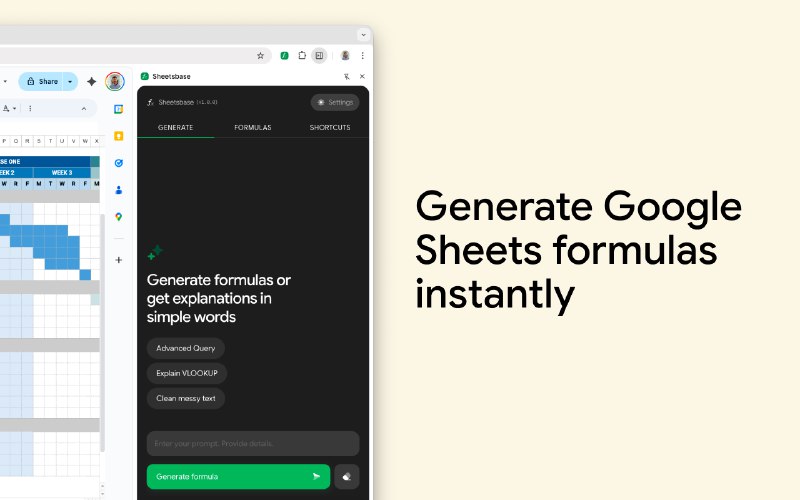 4. Sheetsbase标语：适用于谷歌表格的人工智能公式生成器和快捷方法介绍：Sheetsbase是一款Chrome浏览器扩展程序，能让你在Google表格里工作得更高效