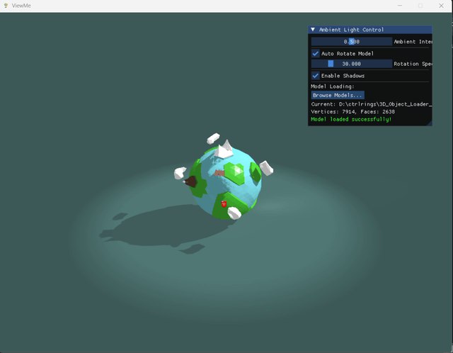 4. ViewMe标语：3D 查看器桌面应用程序介绍：ViewMe 是一款简单易用的 3D 模型查看桌面应用程序，它能够加载并展示带有纹理、光照和动态阴影效果的 Wavefront（.obj 格式）3D 模型