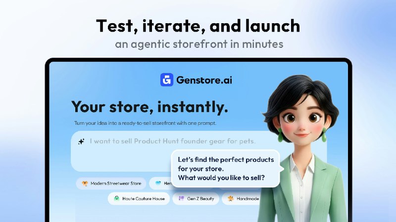2. Genstore.ai标语：在几分钟内完成测试、迭代并推出一个自主运营的店面