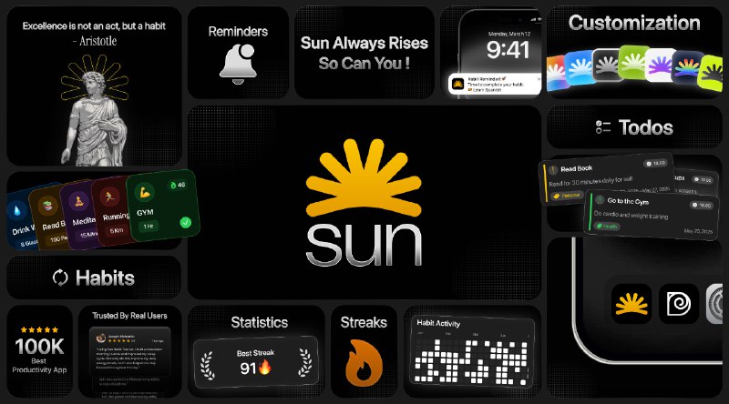 PH今日热榜 | 2025-06-151. Sun标语：习惯追踪器与待办事项管理器介绍：太阳总会升起，你也能光芒万丈！借助“太阳”（Sun）培养更好的习惯