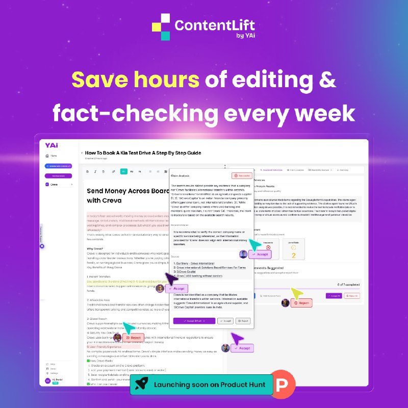 9. ContentLift by YAi标语：为你的人工智能内容引入事实核查与质量管控解析：“Bring...to...”直译为“将……带到……”，意译为“为……引入……”更符合中文表达习惯；“Fact - Checking”即“事实核查”，“Quality Control”是“质量管控”，整体译文简洁明了，符合科普杂志或日常对话的风格