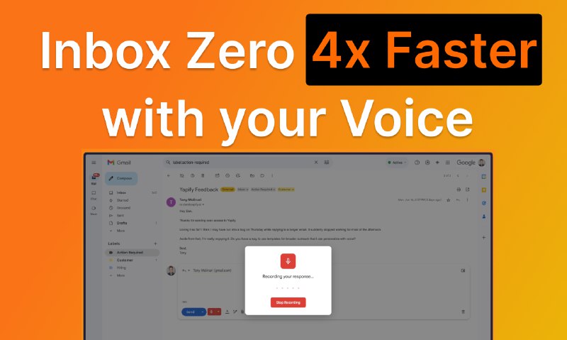2. Yapify标语：语音读邮件解析：“Speak”有“朗读、说”的意思，“emails”是“邮件”，整体表达的是用语音方式来处理邮件，也就是把邮件内容读出来，所以翻译成“语音读邮件”
