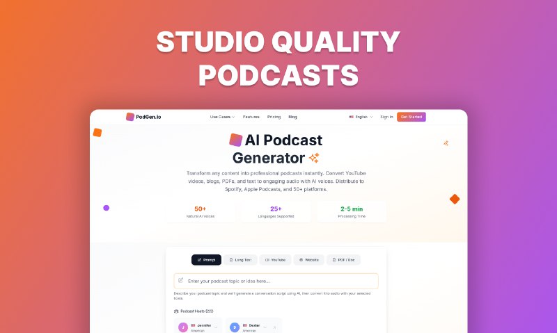 4. Podgen标语：根据提示语、YouTube视频、链接和文件来生成人工智能播客